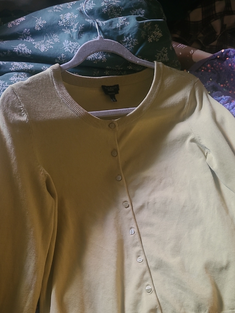 Talbots Pale Lime Button-Front Crewneck Cardigan